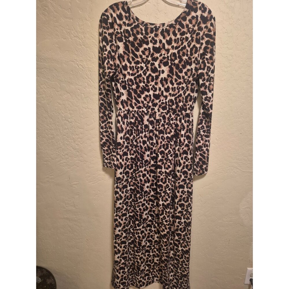 Leopard Print Long Sleeve Midi Dress S